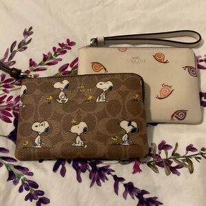 Coach Brown Snoopy Signature Wristlet & Coach Cream Snail Print Wristlet